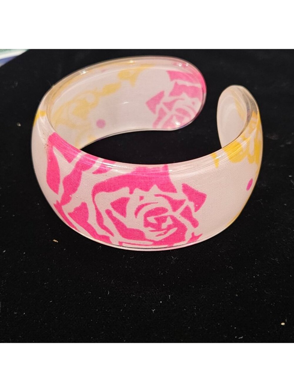 Vintage Pink Yellow Floral Cuff Bracelet Acrylic